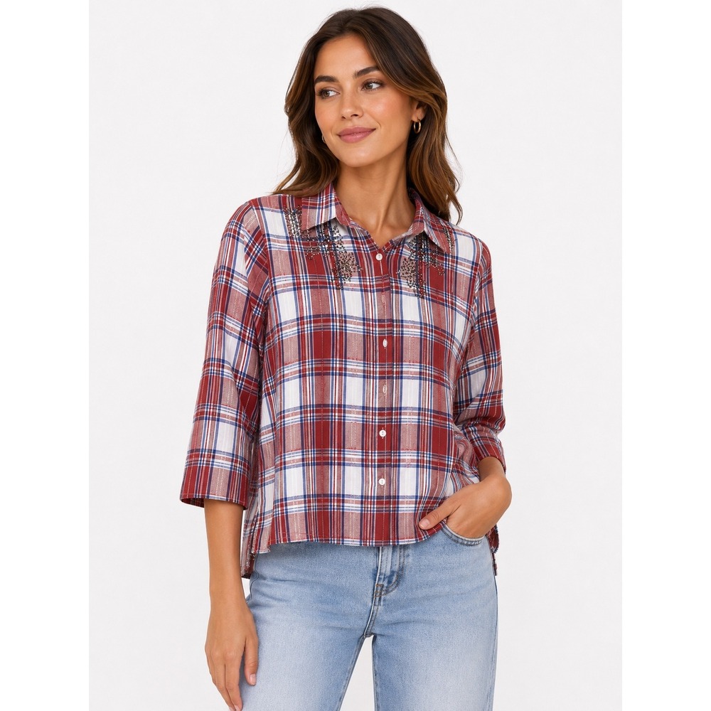 Alfred Dunner Button Down Shirt Womens 14P Red Plaid Beaded Embellished Blouse